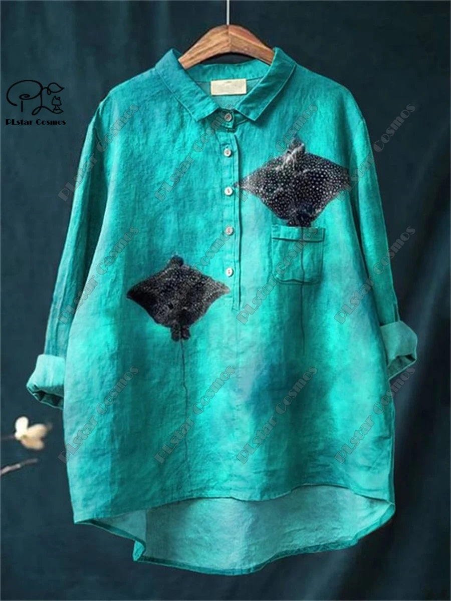 PLSTAR COSMOS new 3D printed retro and cute floral animal printing ladies entertaining leisure and loose open -tube shirt D-27