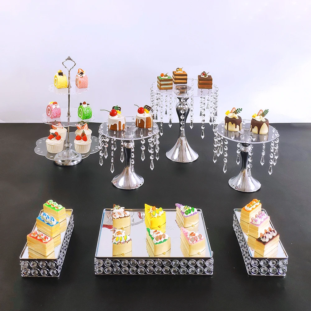 Silver 4- 10pcs  Electroplate Metal  Crystal Cake Stand Set Display Wedding Birthday Party Dessert  Cupcake Plate Rack