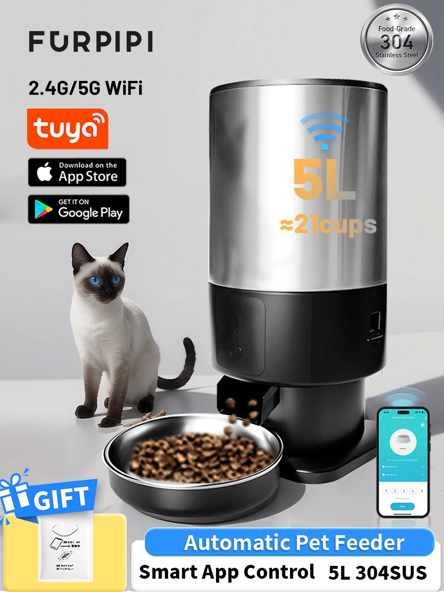 

Furpipi Automatic Cat Feeder 5G WiFi Smart Food Dispenser with Low-Food Alerts Timed Feeding iOS Android Tuya APP Control for Ca