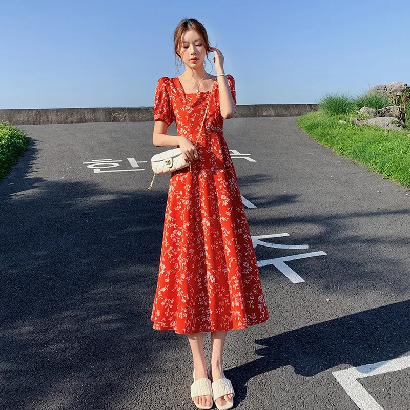 

Summer Floral Print Chiffon Dress Women's V-Neck Puffy Sleeve Low Waist A-Line Skirt Red Lace Trim Tea Break Elegant Waist-Ci...