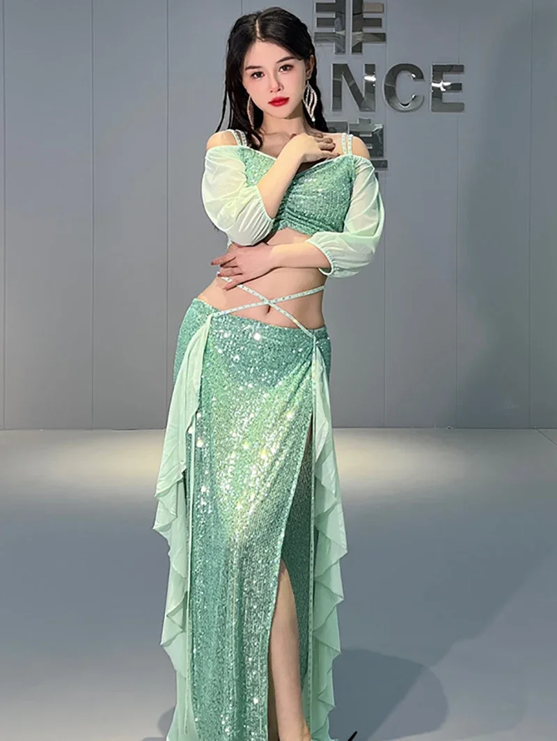 Women Belly Dance Costume Mermaid Mesh Shiny Training Class Top and Skirts Bellydance Suit Fantasia Feminina Party Dancewear