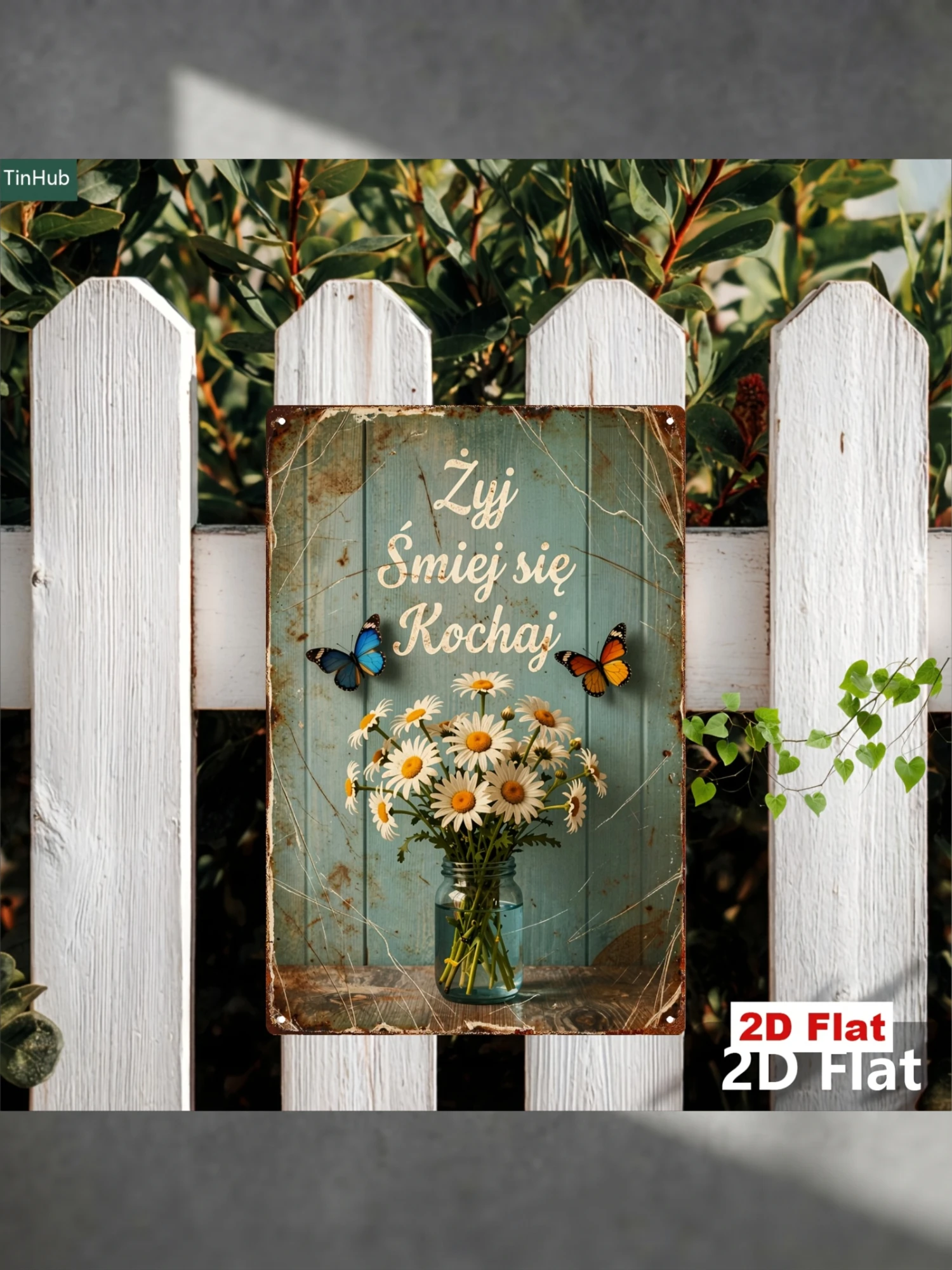 2D Flat, 2D Flat 1pc Vintage Polish Slogan Metal Sign, 7.87x11.81inch Iron Decorative Plaque, "Warm Life, Laughter, Love" Quote, Daisy and Butterfly Pattern, Rustic Wall Decor, Suitable for Living Room, Bedroom, Cafe, Study, Bar, Art Decor Vintage