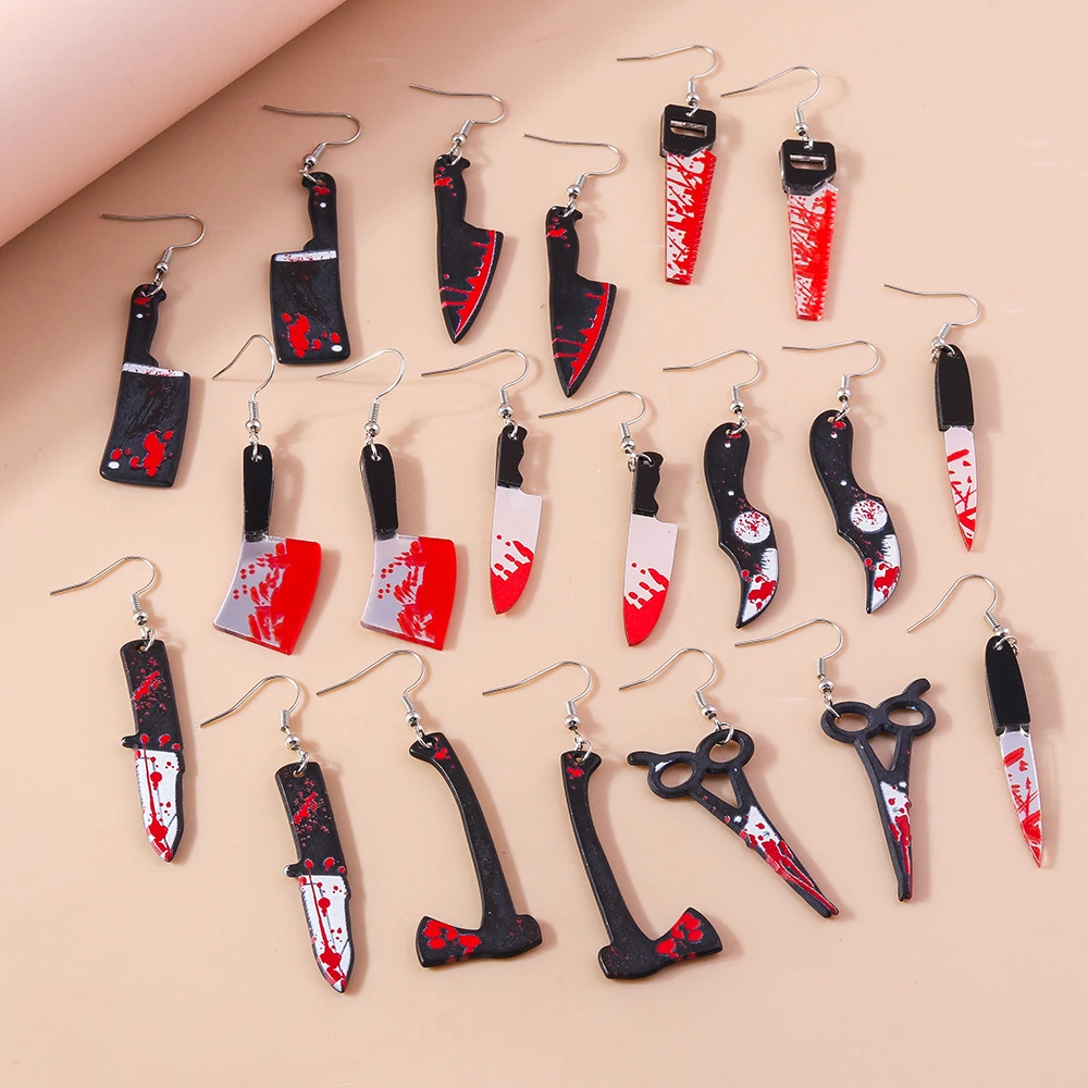 Aihua Resin Halloween Imitation Bloody Knife Earrings Dagger Scissors Axe Saw Earrings for Halloween Night Party Jewelry Gifts