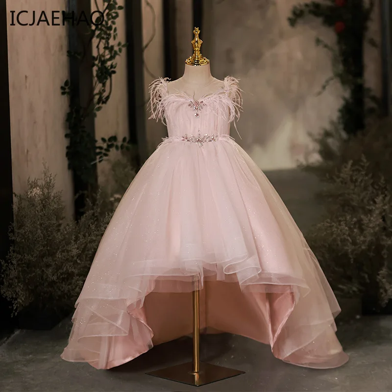 

ICJAEHAO 2024 Feather Long Prom Gown Teenager Dresses Solid Children Party Clothing Kids Evening Formal Dress Women summer dress