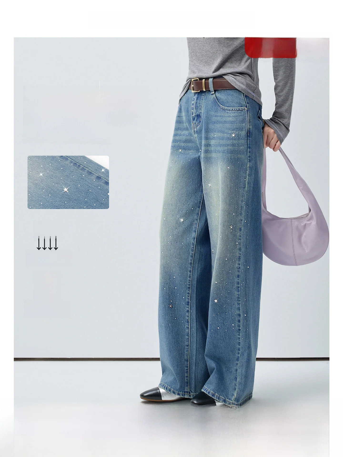 

VEGA CHANG Glittering Straight Leg Diamond Embellied Women's Jeans Sweet Cool Slimming High Waist Commute Sle Spring New