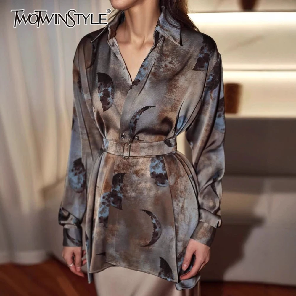 TWOTWINSTYLE Printed Spliced Belt Slimming Two Piece Set for Women Lapel Neck Long Sleeve Top High Waist Maxi Skirt Sets Female
