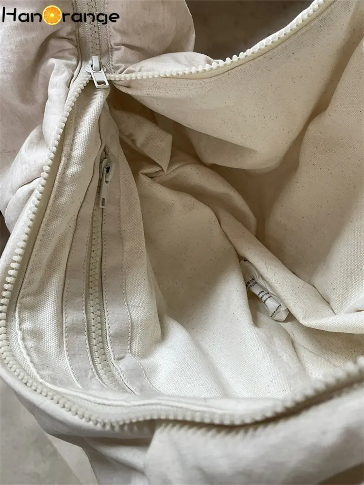 HanOrange 2024 Spring Cotton Linen Texture Cross Shoulder Dumpling Bag Women Fashion Pleated Filled Cotton Crescent Bag Female