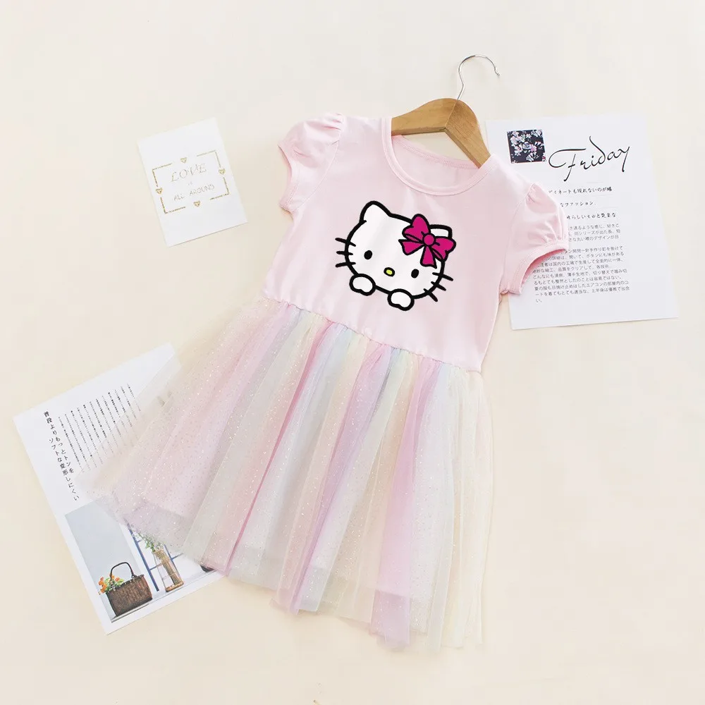 Summer Baby Girls Dress Cute Kid Sanrio Hello Kitty Rainbow Mesh Princess Party Costume Vestidos Children Short-Sleeved Clothing