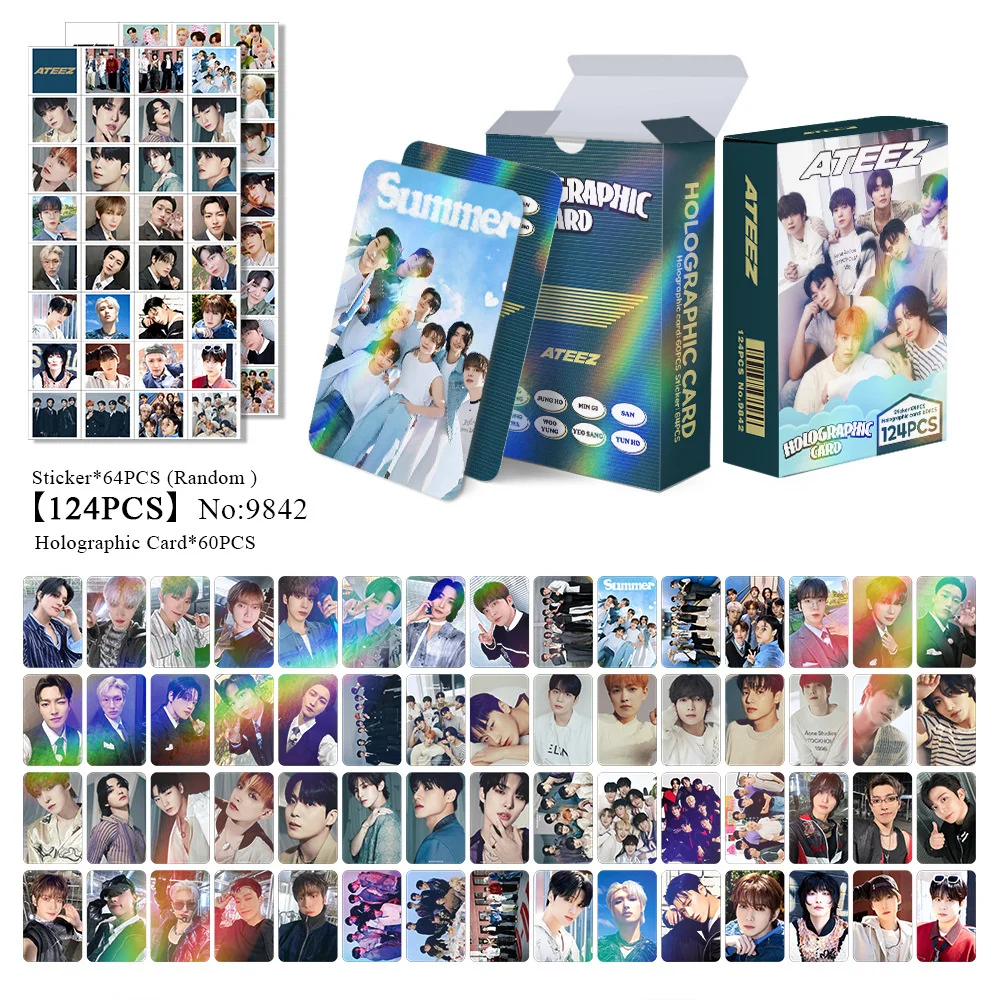 

124pcs/Set Kpop ATEEZ Summer Laser Card Sticker Boxed Gift High Quality HD Photo Double Sides Printing LOMO Card Fans Collection