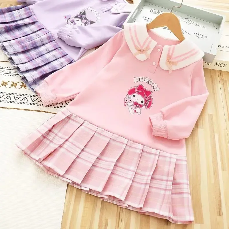 Sanrio Kuromi Children Anime Clothing Spring Autumn Girl Cartoon Peter Pan Collar Fake Two Dresses Kids Plaid Cute Festival Gift