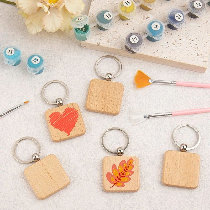 50Pcs DIY Blank Wooden Keychain Square Key Ring Wooden Key Ring