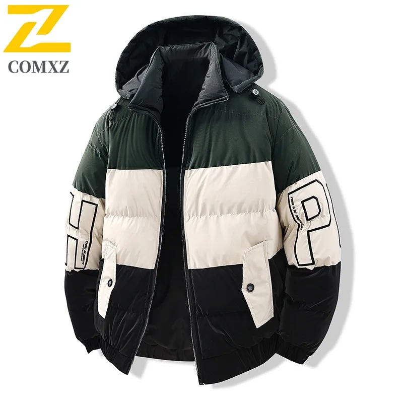 COMXZ 2025 Reversible Color Block Jacket Thickened Hooded Winter Waterproof Windproof Outdoor Sports Warm Tactics cotton-padded
