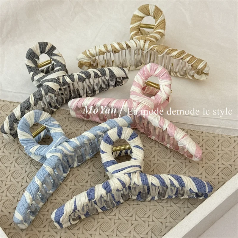 

2025 New Large Hair Claw Clips for Women Textured Stripe Wrapped Fabric Claw Clip Elegant Oversized Shark Clip for Thick Hair