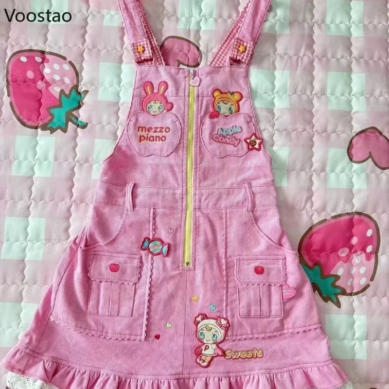 Vestido de tirantes estilo Lolita japonés para mujer, minivestido de fiesta con bolsillo bordado de dibujos animados de conejito dulce, vestido de princesa Kawaii Y2k