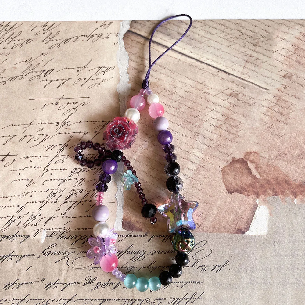 Red Rose Flower Phone Charm Strap Resin Butterfly Purple Black Star Beads Keychian Bag Camera Decor Jewelry for Women Girl Gift