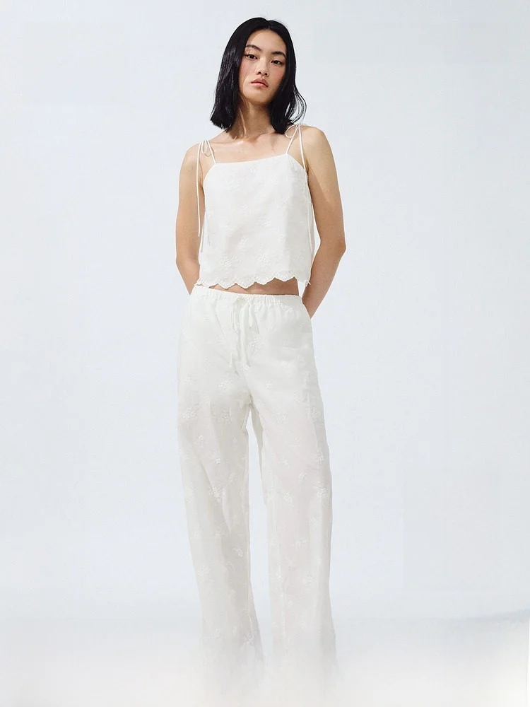 

H&M Women's Straight Leg Cotton Trousers Summer 2026 Simple Embroidered Drawstring Casual Pants Natural Waist Design