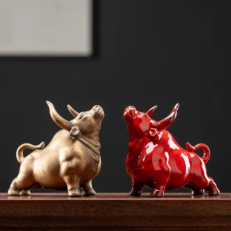 Ceramic Bull Tea Pet Ornament, Fierce Ox Figurine Statue for Kung Fu Tea Tray Tabletop Home Decor Gift