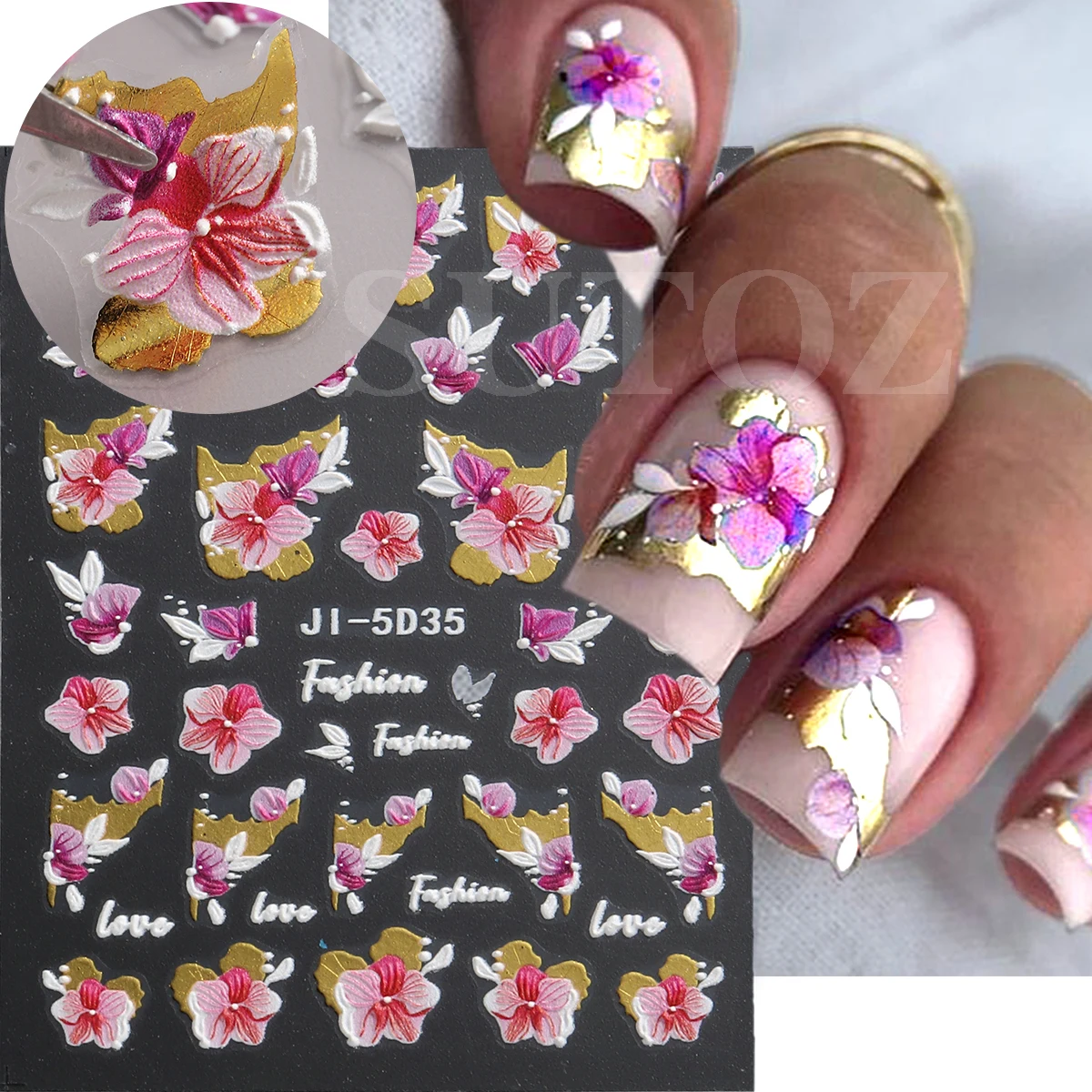 5D gravado flores unhas adesivos, decalques auto-adesivos, reflexivo, dourado, vermelho, azul, pétala primavera, design floral, manicure, LEJI5D