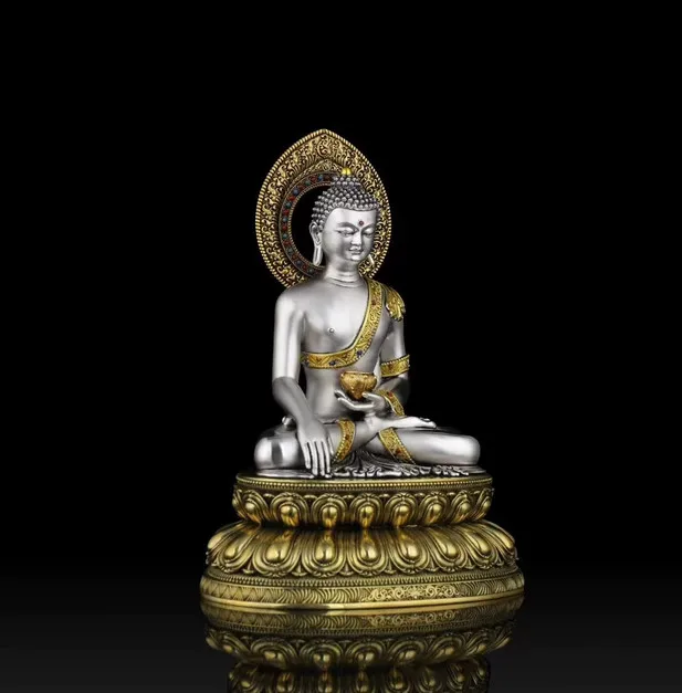 15CM Tibet Silver Plated Shakyamuni Buddha Copper Statue