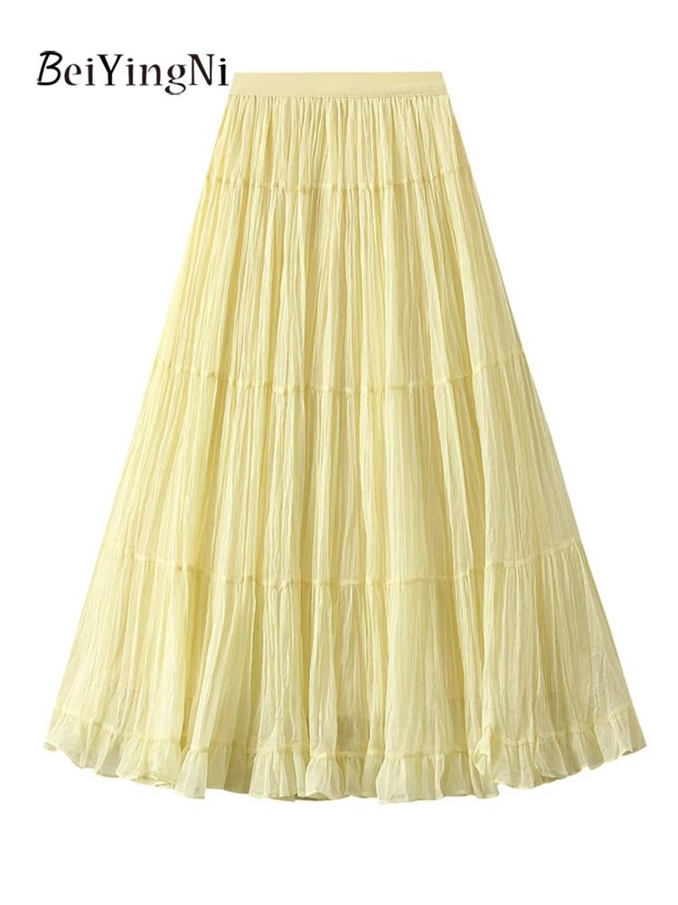 

Beiyingni Summer Women Long Mesh Skirt Casual Fashion Elegant French Party A-line Skirts Ladies Chic Kpop Yellow Cake Faldas