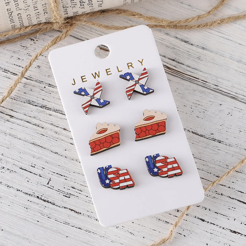 Wholesale Jewelry for Resale 2026 New Inspired Design American USA Flag Independent Day Printing Wooden Stud Earrings Collection