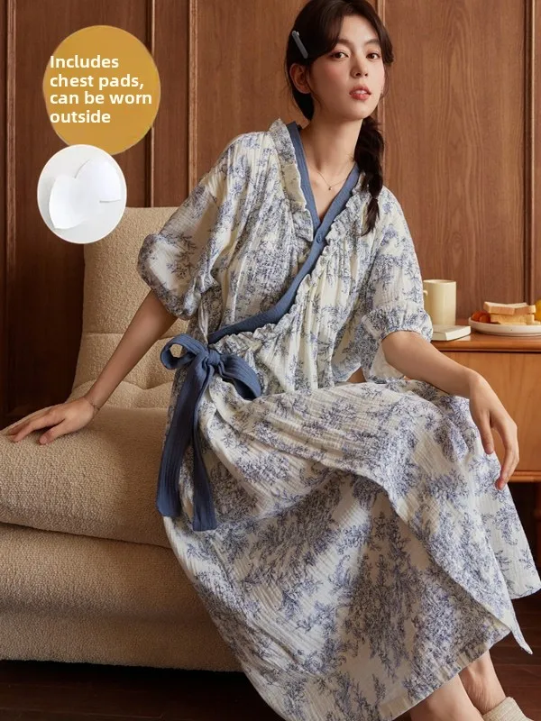 Cloud Cotton Summer Short Sleeve Long Dress Sleepwear Women's Thin Home Clothes V-neck Print Floral Home Clothes Sleepy