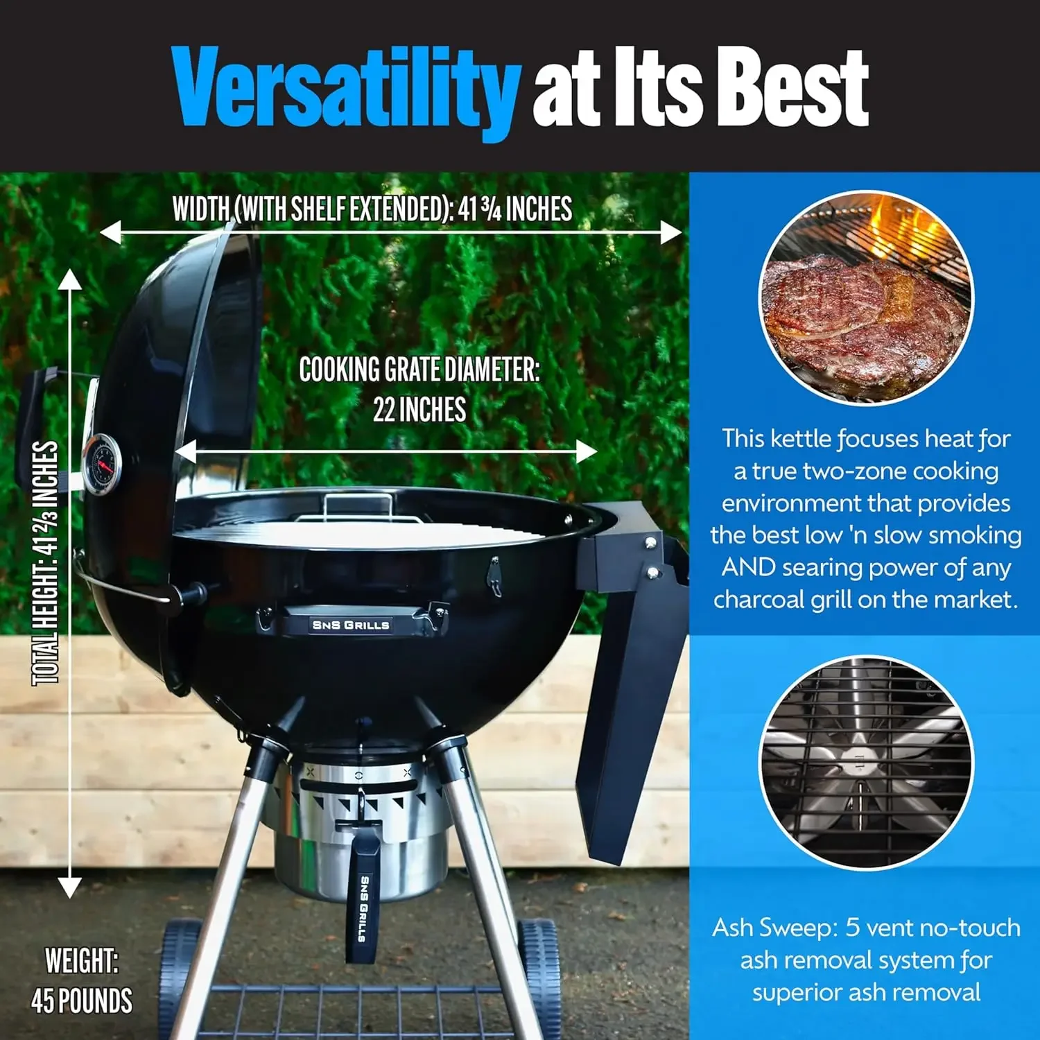 SnS Grills Slow ‘N Sear Kettle Grill with Deluxe Insert and Easy Spin Grate for Two-Zone Charcoal Grill Cooking,Low ‘N Slow Smok