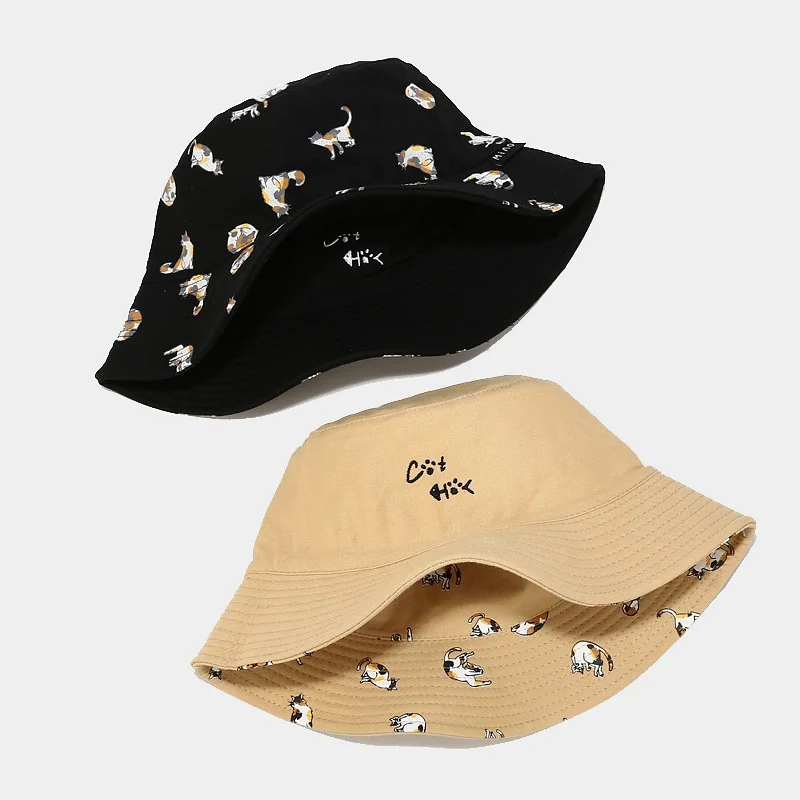 2022 Cotton Cartoon Cat Embroidery Bucket Hat Fisherman Hat Outdoor Travel Sun Cap for Men and Women 124