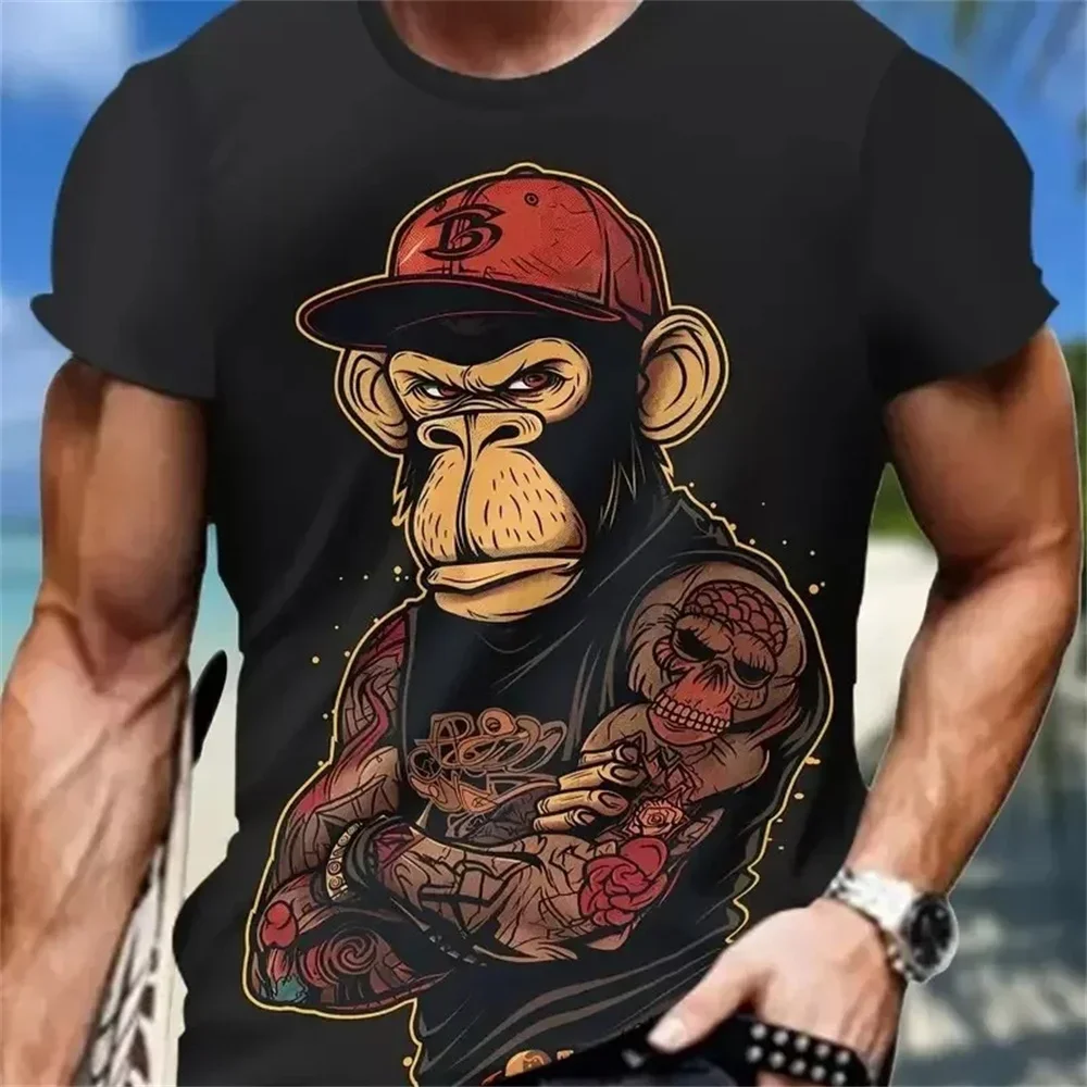 Modische Hip-Hop T-Shirts mit Affenmuster, O-Ausschnitt, Kurzarm, Sommerliches Casual-Oberteil mit Rundhalsausschnitt, Streetwear für Männer
