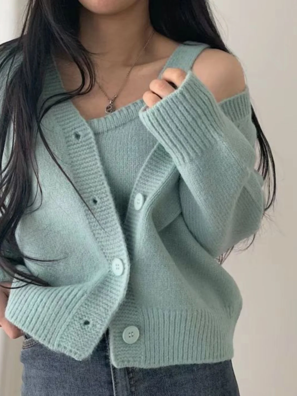 

Женский вязаный свитер Lazy Sle, комплект из двух предметов, V-Ne Long Sve Pure Color, осенне-зимняя модная верхняя одежда для поездок на работу