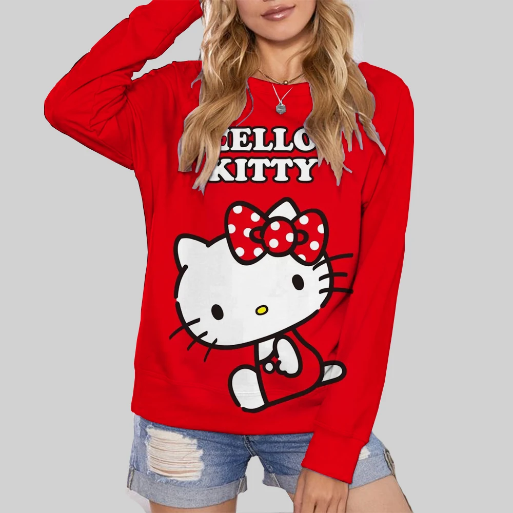 Hello Kitty Cartoon Anime Women Pullover Spring Autumn Men Round Neck Hoodie Clothes 2024 New Fashion Couple Sweatshirt Tops