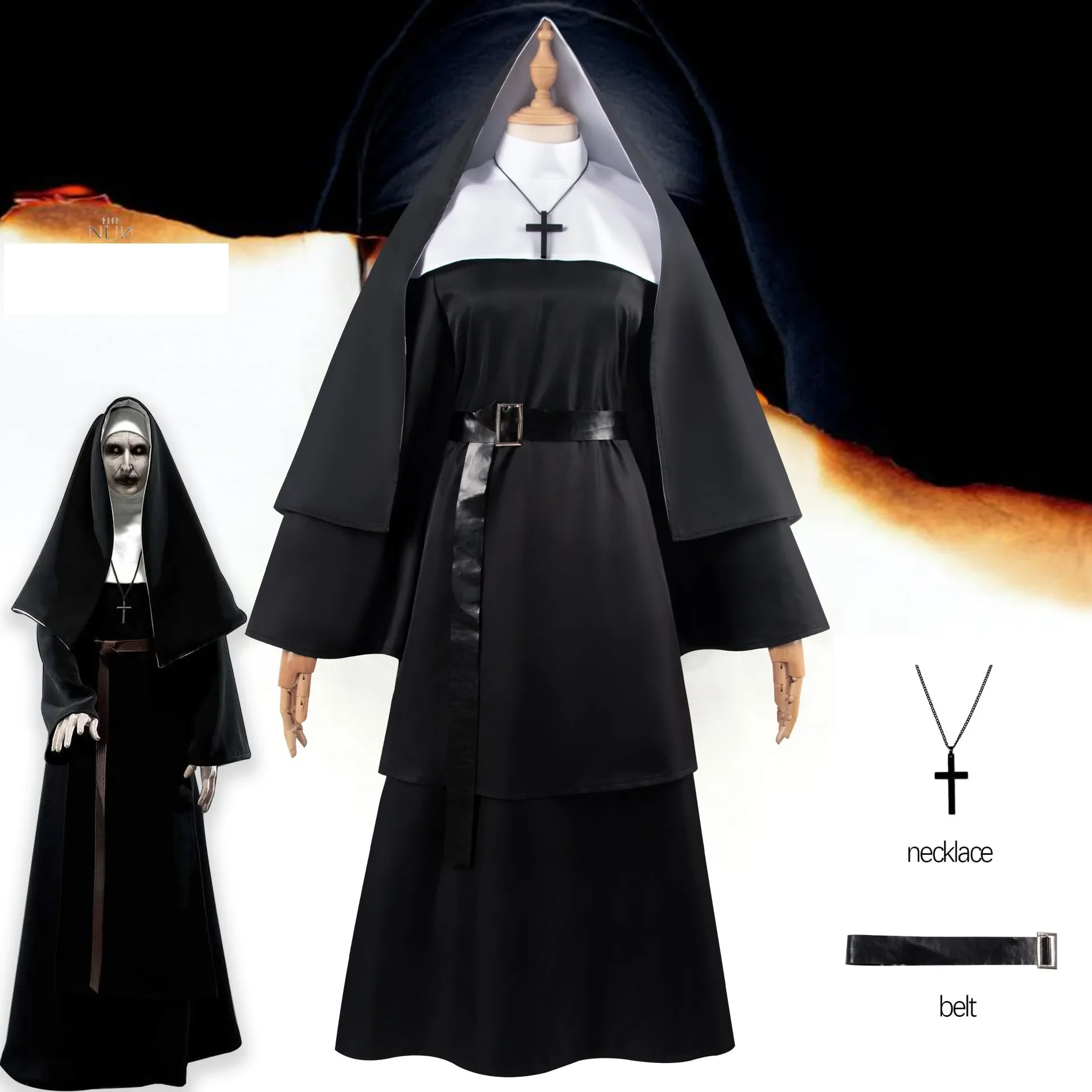 Disfraz de Cosplay de la monja para mujer, película de terror, fantasma cruzado, vestido negro, disfraz de Halloween