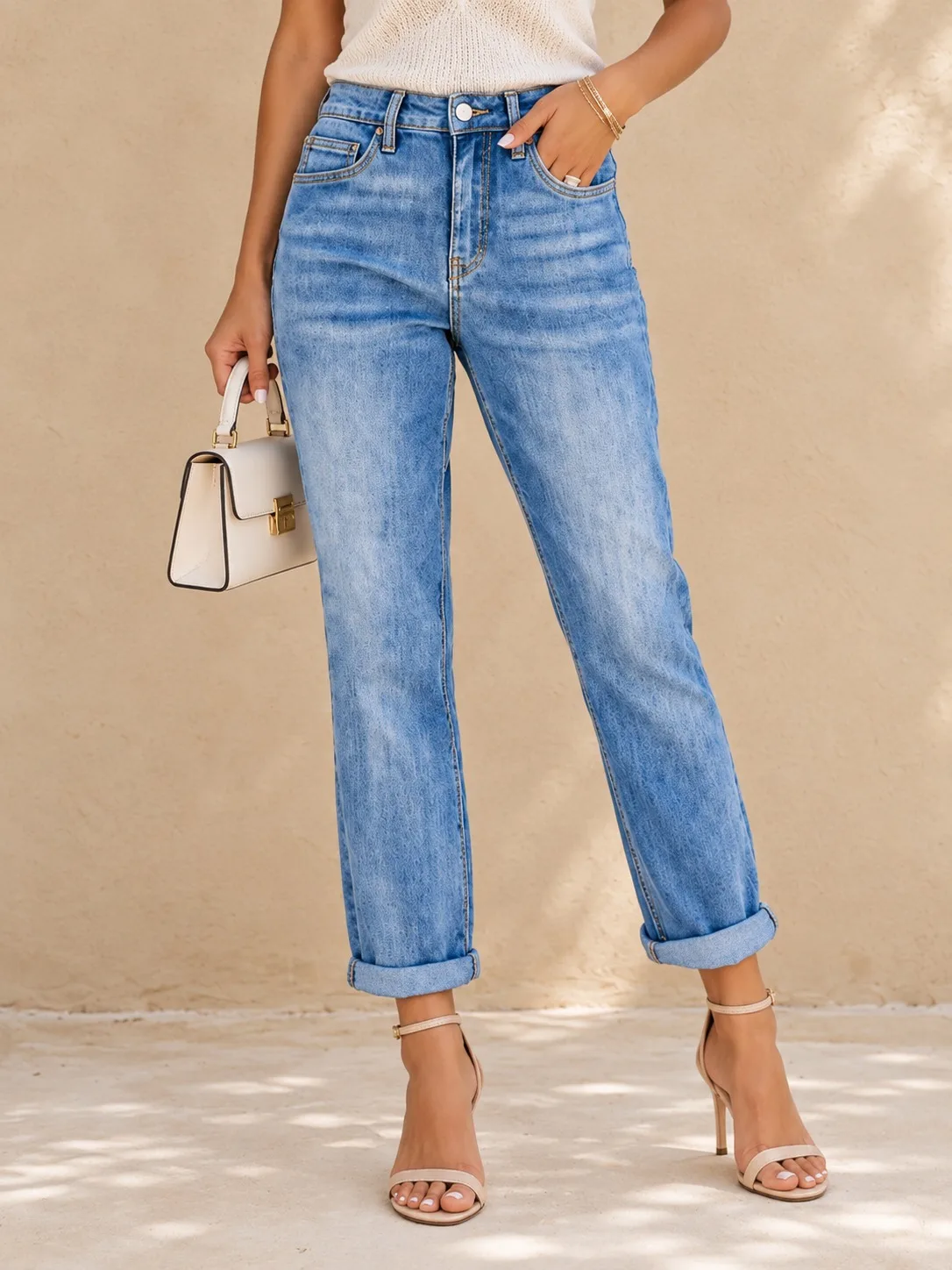 Vintage Light Wash Women Straight Leg Jeans, Mid Waist Stretch Denim Trousers,Roll Up Cuff Classic 5 Pockets Casual Daily Jeans,Fashionable and versatile,Lady's new autumn jeans
