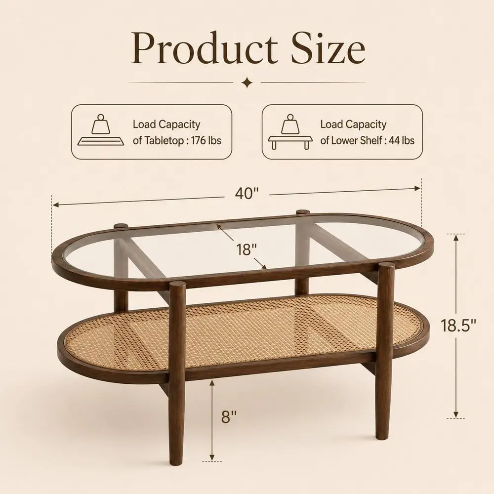 2-Tier Oval Coffee Table with Tempered Glass, Acacia Wood & PE Woven Shelf, Brown, 40 Inch
