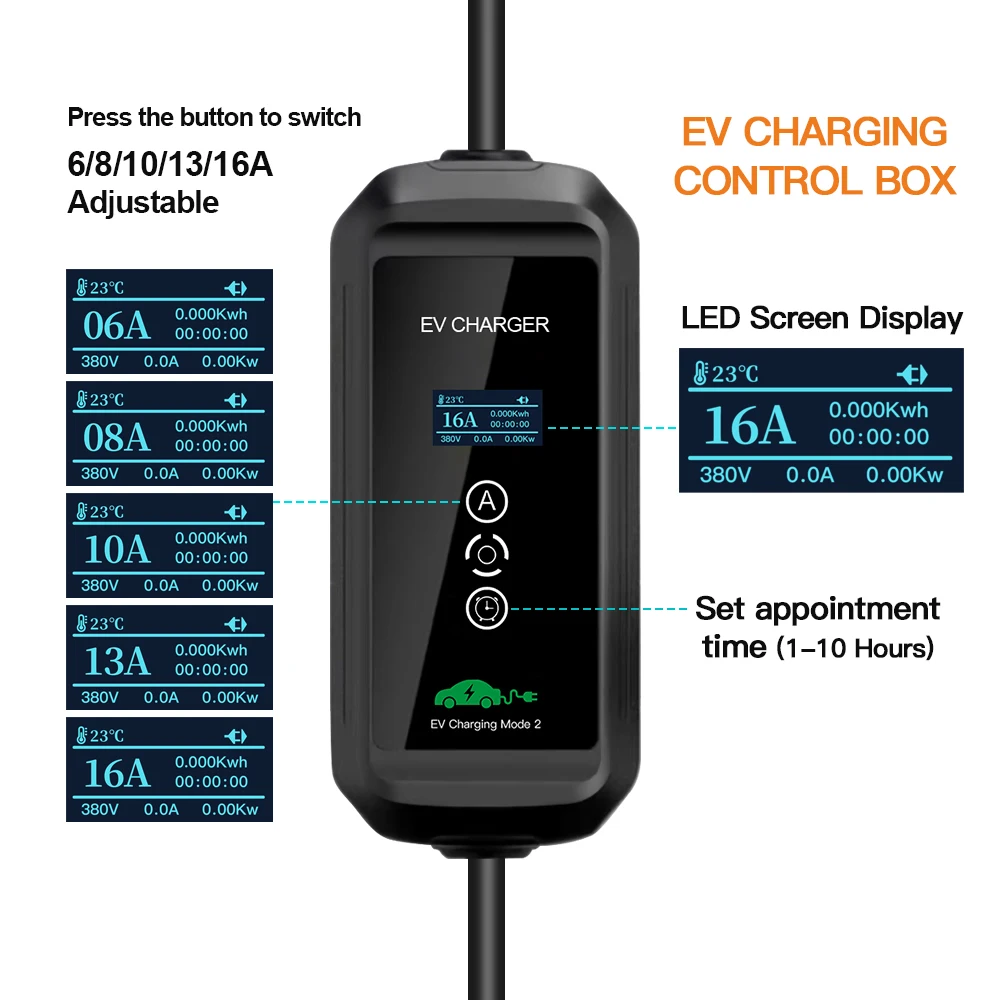 GOODCELL 휴대용 EV 충전기 타입 2 IEC-62169 타이머, 전기 자동차 하이브리드 자동차 7M, 16A 11KW, 1-15 시간 충전 조정