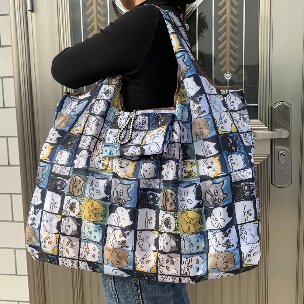 

Big Size Thick Nylon Large Tote ECO Reusable Polyester Portable Shoulder Women's Handbags Folding Pouch Shopping Bag Foldable