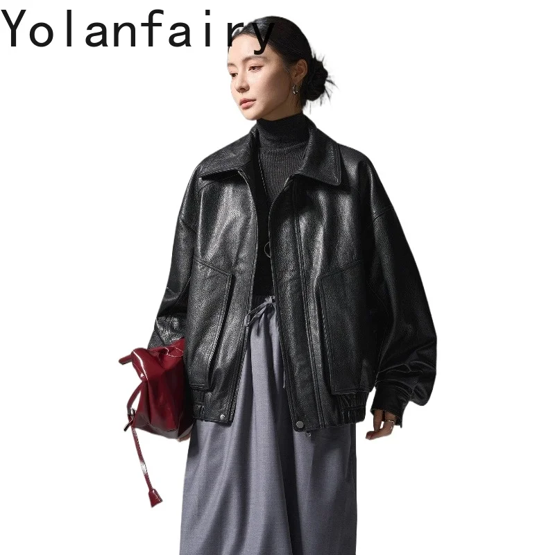 YOLANFAIRY High-end Genuine Leather Jacket Women 2026 Vintage Oversized Real Goatskin Woman Leather Coats Casual Streetwear 가죽자켓
