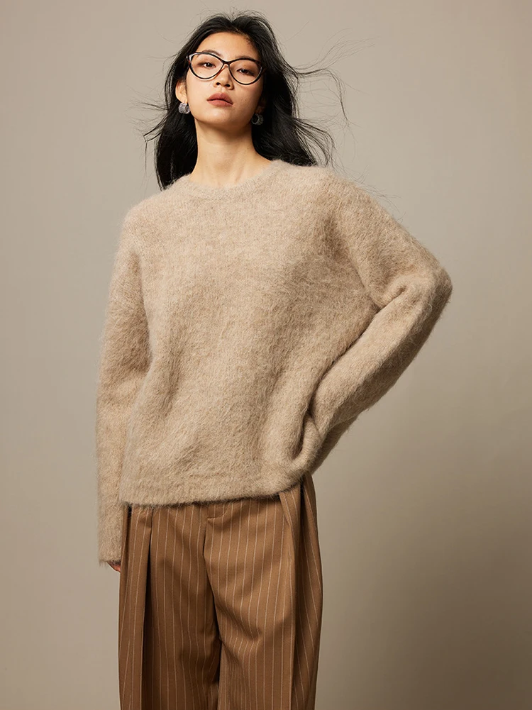 2025 Fall Winter Alpaca Wool Crew Neck Sweater for Women  Loose Casual Knitwear