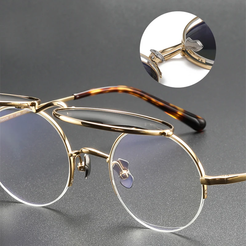 Japanese Retro Round Titanium Glasses Frame with Flip Up Sunglasses Men Trendy Optical Eyewear Semi Rimless Eyeglasses Women