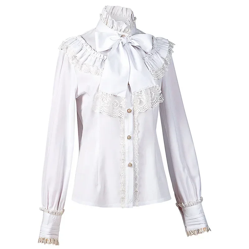 

Gothic Retro Long Sleeve Shirt Women High Collar Bow Lace Lolita White Shirt Blouse Victoria Fashion Button Tops Kawaii Clothes