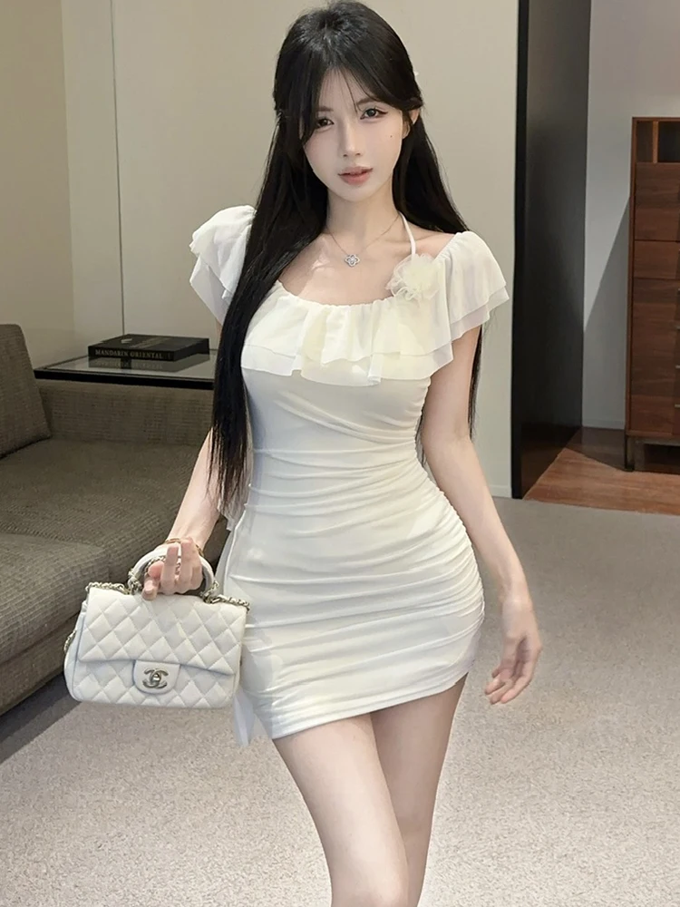 2025 roxo plissado bodycon chique babados sexy mini vestido feminino elegante casual kawaii vestido de verão moda coreana vestido de uma peça