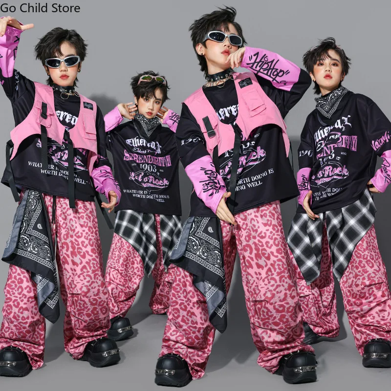 Hip Hop Boys Pink Graffiti Top Vest Cargo Pants Gilrs K-pop Jazz Street Dance Joggers Childr Streetwear Clothes Set Kids Costume