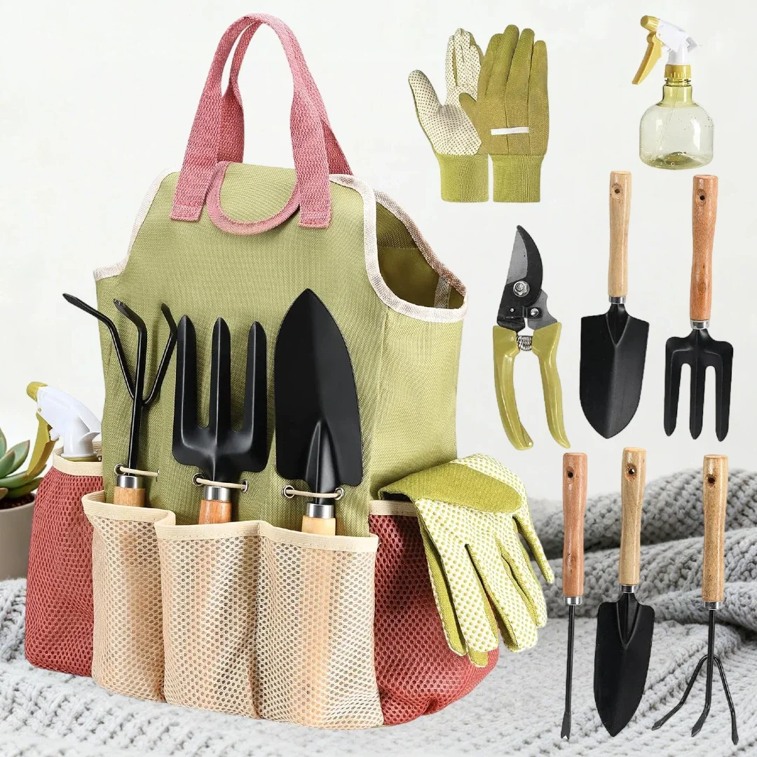 Heavy Duty 9pcs Gardening Tools Set with Fashion Handbag, Durable Complete Garden Supplies Kit, Ideal Gift for Women