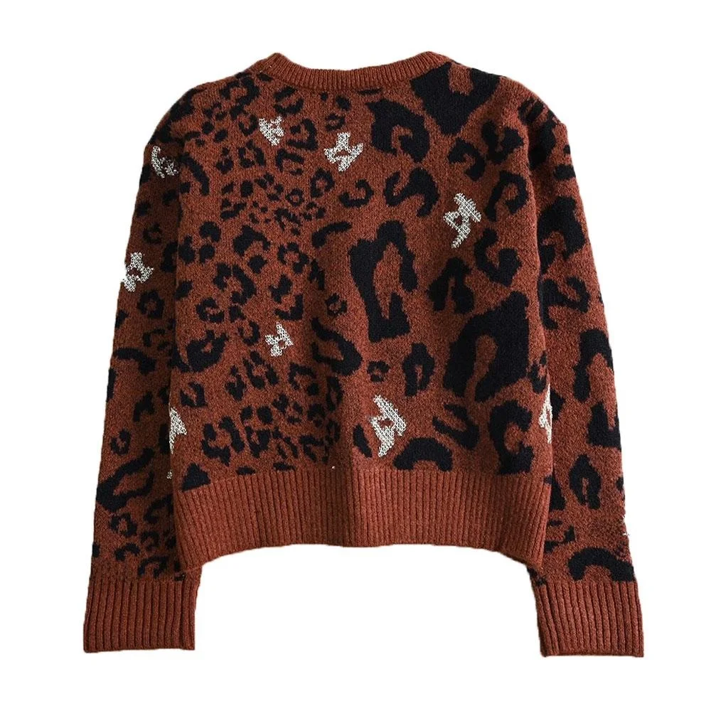 

Loose Long Sve Knitted Wool Blend round Ne Sweater for Women Autumn Winter Faionable Sle Leopard Pattern Casual Fit