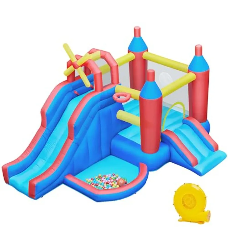 Inflatable Bounce House, 7-in-1 Bouncy Castle Combo w/Ball Pit & Bouncing Area & Slides & Basketball Game & Dart Game, Jump Hous