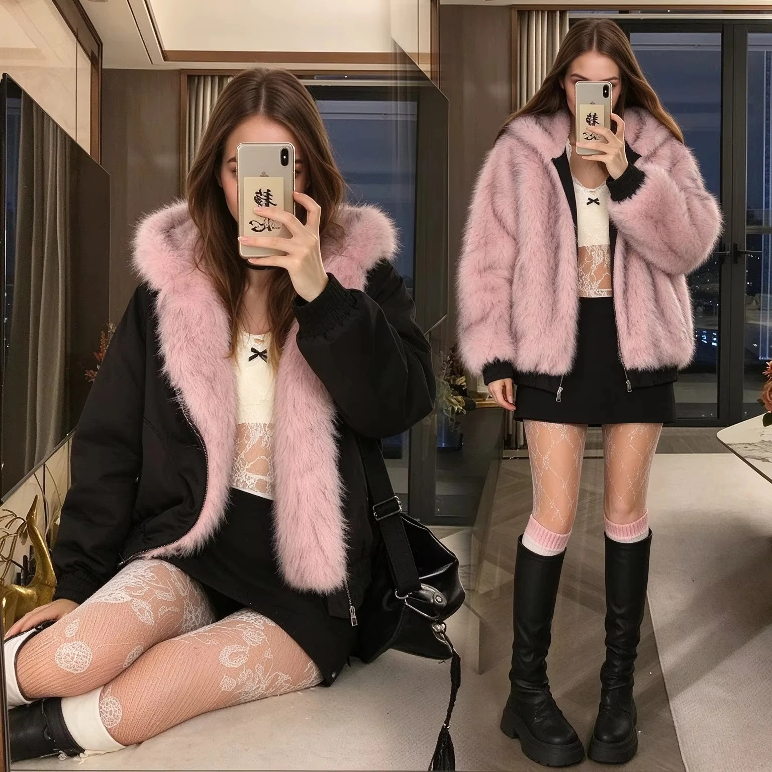 Double Sided Faux Fur Coat Women Winter Y2K Hooded Imitation Mink Fur Jacket Warm Plush Loose Oversized Cotton Padded Pink