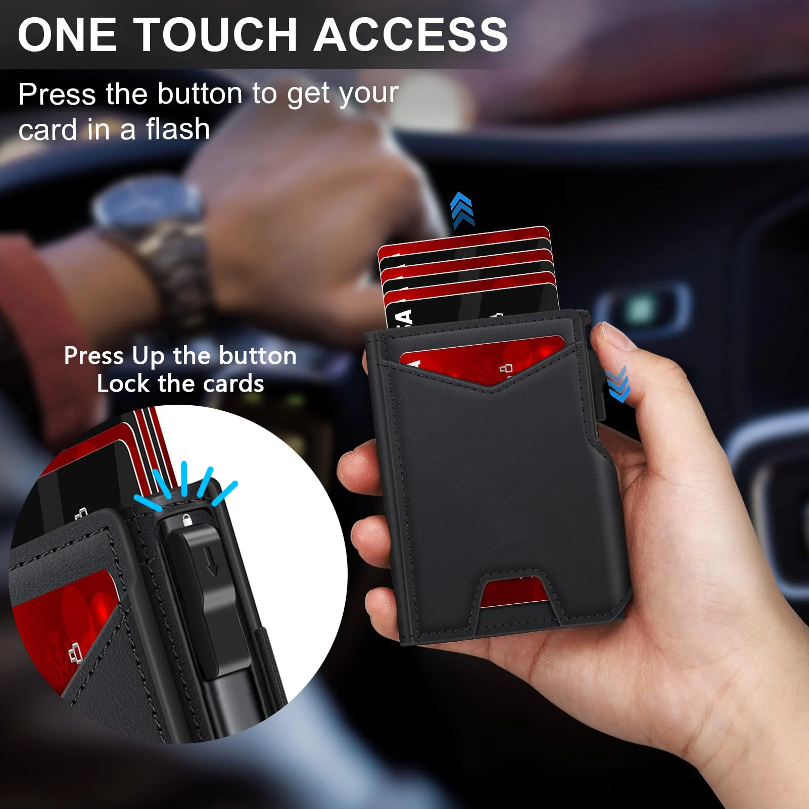 محفظة جلدية سوداء جديدة للرجال محفظة رفيعة ثنائية الطي RFID مع حامل بطاقة معدنية منبثقة وأكمام بطاقات محفظة منبثقة