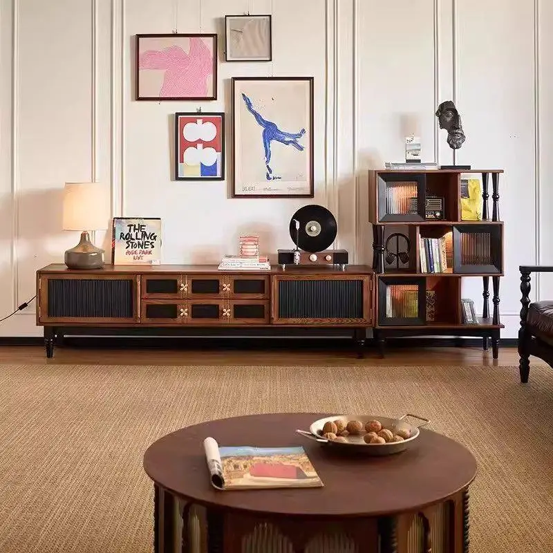 Retro solid wood TV cabinet combination household living room ash wood antique locker