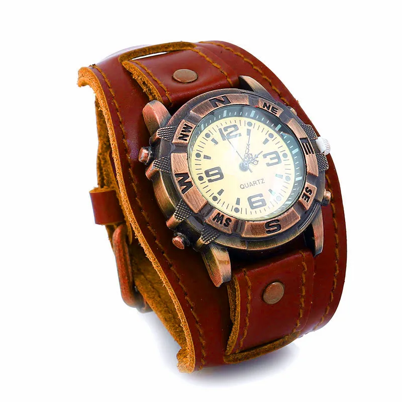 Reloj de pulsera de cuero de vaca Vintage Punk para hombres y mujeres, reloj de pulsera de aleación, relojes casuales, regalo de regalo