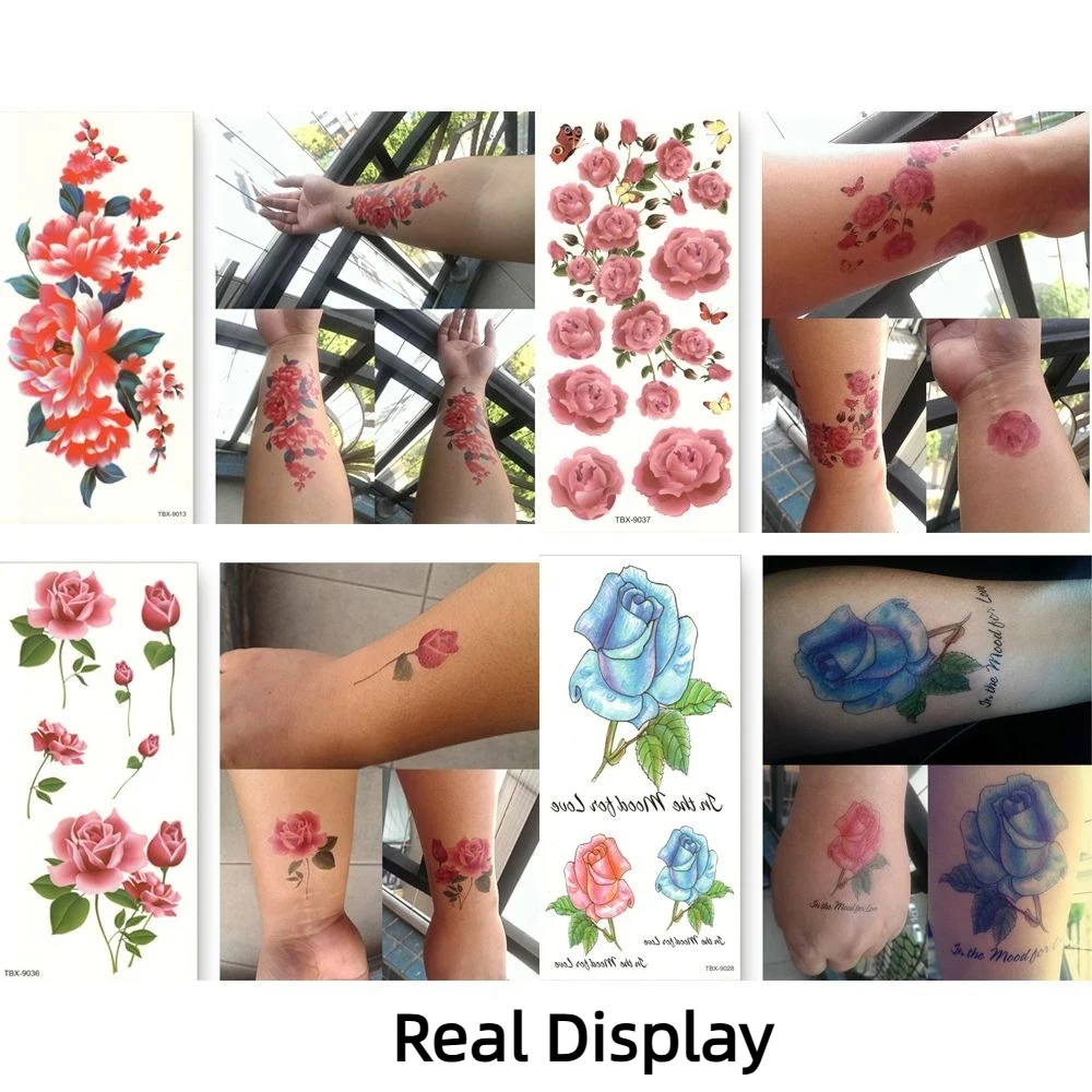 Rose Butterfly Flower Temporary Tattoo Stickers Lotus Green Leaf 3D Texture Butterfly Tattoo Stickers Personalized Long Lasting